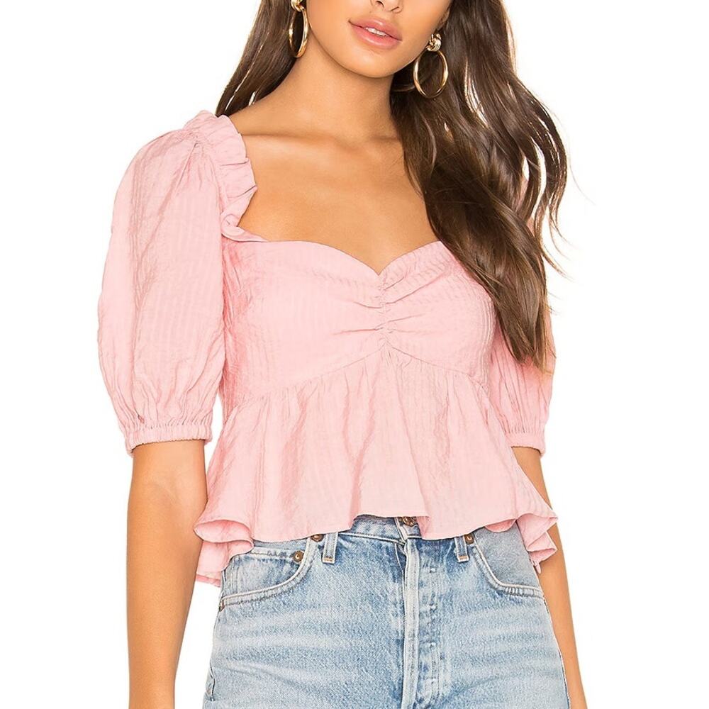 Lovers + Friends Revolve Light Pink Sweetheart Cropped Coquette Femme Blouse Top